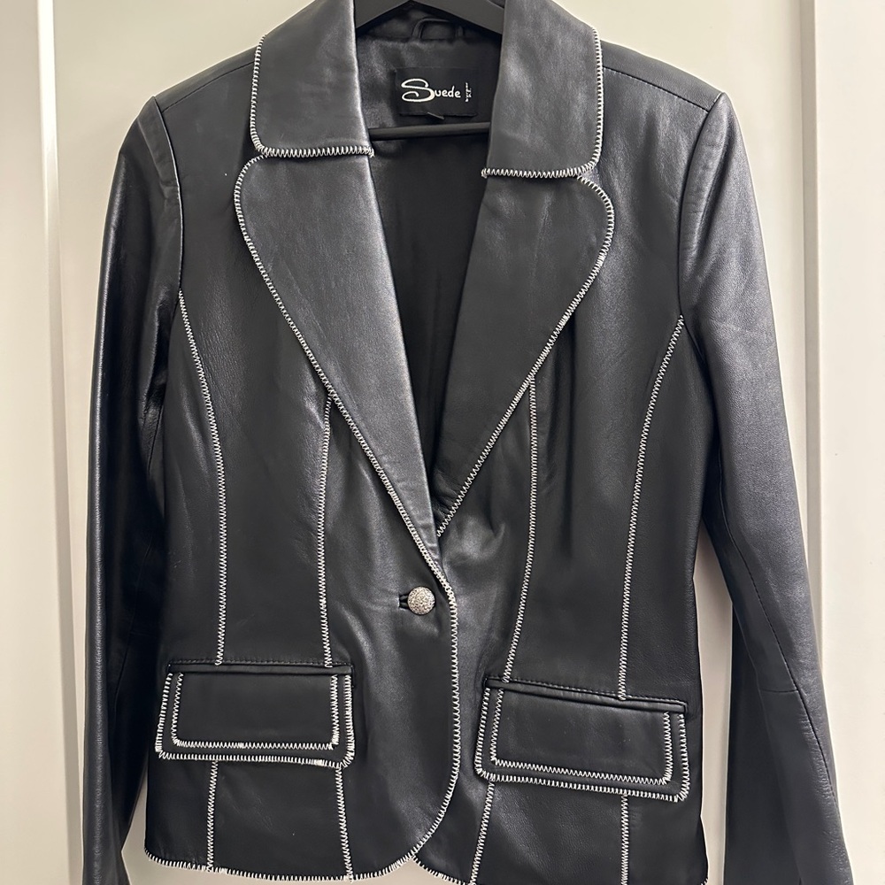 Black Leather Women's Blazer with Contrast Stitching